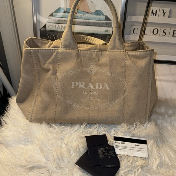 Prada Canapa Demin Logo Handle Bag EUC in Neutral - Picture 4 of 14